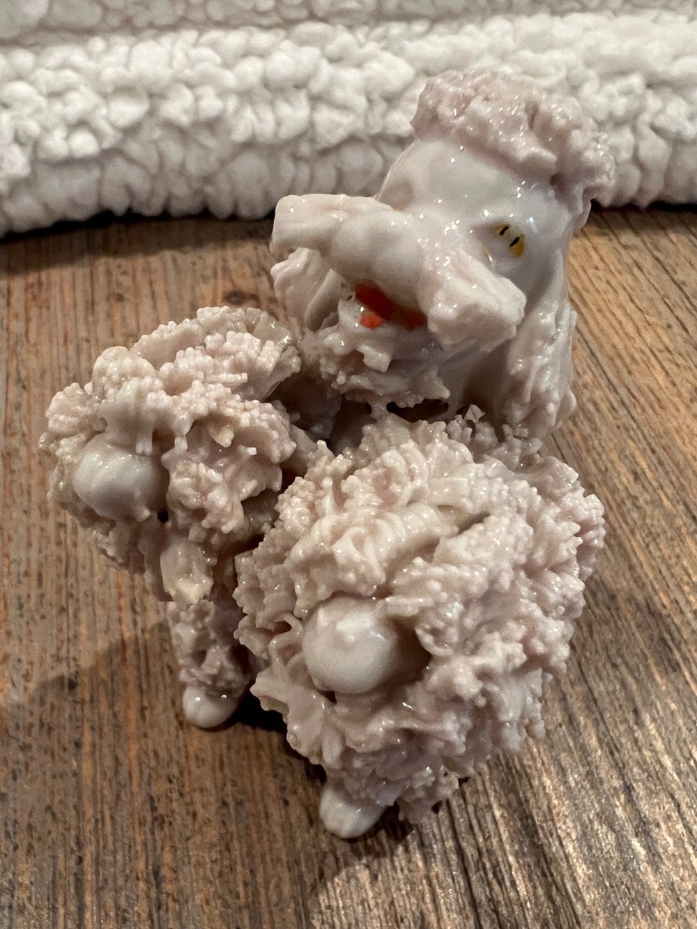 Vtg. Spaghetti Poodle Figurine Ceramic Light Pink, standing on hind legs, 1950s